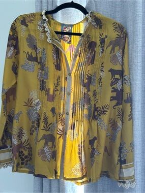 Johnny Was Mustard Yellow Animal & Foliage Print Blouse